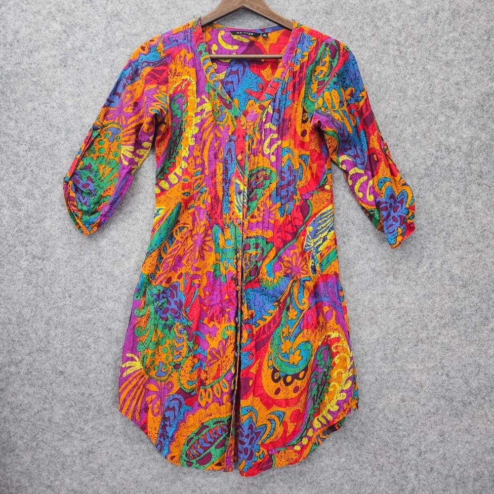 Paisley Tunic Shirt Dress Womens XS Orange Purple Artsy Indian Kurti MELANGE